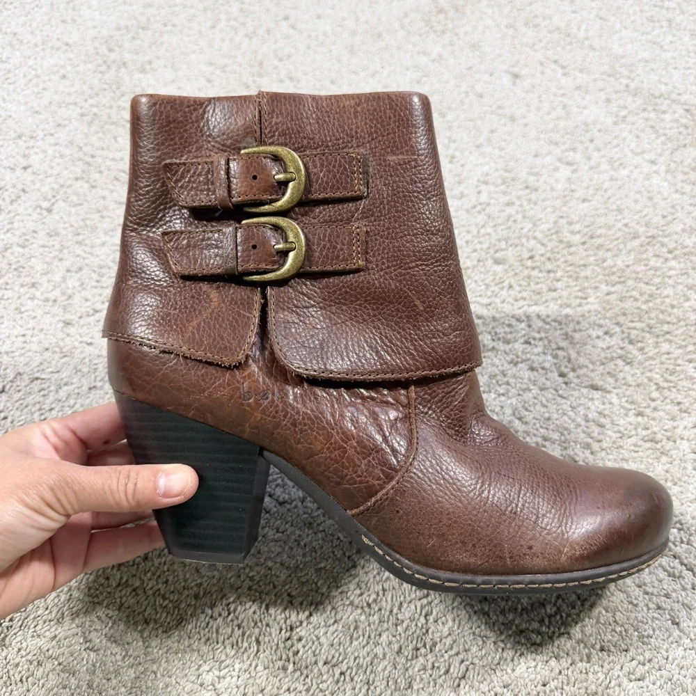 b.o.c Women’s Viana Leather Booties Ankle Boots Blocked Heel Zip Side in Brown 8